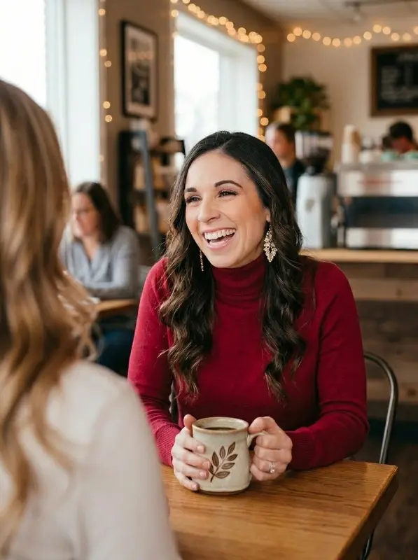 Christy Granzotto laughing with a client over coffee at a café