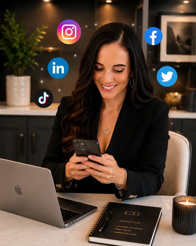 A professional woman on her phone with social media icons floating around her, representing the social media management services Christy offers